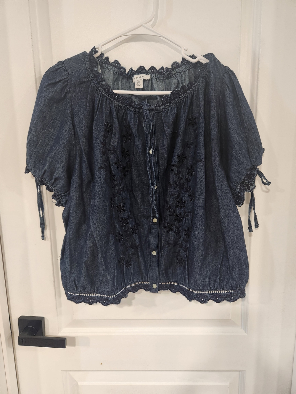 Embroidered Chambray Peasant Blouse - Blue